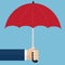 Hand holding a red umbrella. Protection concept. Vector illustration