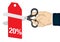 Hand holding a scissor, cutting the 20% off price tag. Concept of sale, discount; promotion or bargain. Isolated vector