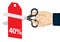 Hand holding a scissor, cutting the 40% off price tag. Concept of sale, discount; promotion or bargain. Isolated vector