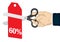 Hand holding a scissor, cutting the 60% off price tag. Concept of sale, discount; promotion or bargain. Isolated vector