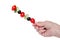Hand holding a skewer with cherry tomatoes, cucumber and olives