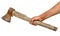 Hand holding small old rusty hatchet isolated on