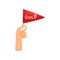 Hand holding a small triangular red flag. Vector illustration on white background.