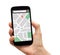 Hand holding smart phone with map gps navigation application on