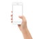 hand holding smart phone on white background clipphing path inside, mock-up phone white screen