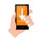 Hand holding a smartphone with an arrow icon