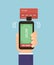 Hand holding smartphone with bank card. Mobile pay credit card. Flat Vector Illustration