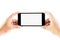 Hand holding smartphone blank screen, clipping path.