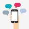 Hand holding smartphone with blank speech bubbles for chat comments vector illustration