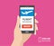 Hand holding smartphone with book button and airplane icon on screen. Design concept of online tickets, flight booking