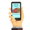 Hand holding smartphone with books, e-reading, online library vector education concept