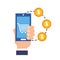 Hand holding smartphone coins money dollar online shopping