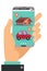 Hand holding smartphone. Concept of hand with mobile phone with realty, car sales marketplace application featuring house and