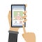 Hand holding smartphone with dating application. Phone display with profile information vector cartoon illustration.