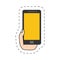 hand holding smartphone device yellow screen -cut line