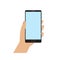 Hand holding smartphone, flat style, catroon. Mobile device with blank screen. Flat style, minimalist design. Space