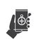 Hand holding smartphone glyph icon