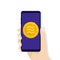Hand holding smartphone with Libra coin currency. Online Crypto currency business concept. Virtual electronic money.