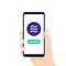 Hand holding smartphone with Libra coin currency. Online Crypto currency pay and send concept.