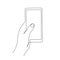 Hand holding smartphone one line art, continuous contour. Mobile device with blank screen.Doodle, sketch style, minimalist design