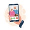 Hand holding smartphone. Phone with a parent`s contact. Elderly couple communicates using a messenger. Relatives call grandparent