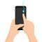 Hand holding smartphone with quick tutorial on the screen. Touch screen gesture. Vector flat cartoon illustration for