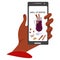 Hand holding a smartphone with tall glass mulled wine and spices and note smell of winter