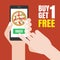 Hand holding smartphone to order pizza online and push on green button