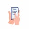 Hand holding smartphone touching screen as a online survey and review, online customers feedback for business. cartoon flat vector