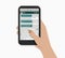 Hand holding smartphone. Vector illustration. White background. Green speech bubbles. Messaging concept.
