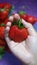 A hand holding a strawberry with blurry strawberry background on the basket