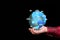 A hand holding a stylized wire frame blue globe with icons depicting cloud computing.  Global telecommunication and internet