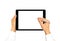 Hand holding stylus near graphic tablet blank screen. Empty tab