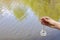 Hand holding test tube for analyses with water on the background of the reservoir, the concept of water purity, pollution of water