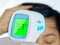 Hand holding Thermometer Gun Side View Medical Digital Non-Contact Infrared Sight Handheld Forehead Readings woman . Temperature