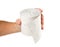 Hand holding toilet paper on white background. Close up