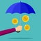 Hand holding an umbrella. Protection of money. safety business. bank deposits. Income safe