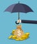 Hand holding umbrella under rain to protect money.