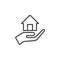 Hand holding up house line icon, outline vector sign, linear style pictogram isolated on white.