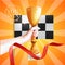 Hand Holding Up Trophy. Vector Winner Cup Illustration with Red Ribbon and Checkered Flag