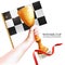 Hand Holding Up Trophy. Vector Winner Cup Illustration with Red Ribbon and Checkered Flag. White Background