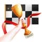 Hand Holding Up Trophy. Vector Winner Cup Illustration with Red Ribbon and Checkered Flag. White Background