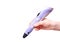 Hand holding violet 3D drawing pen printer on white background. Copy space for text