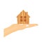 hand holding wooden house toy concept of buing house, mortgage, insurance, renting, safety and family