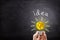 Hand holding yellow crumpled paper ball light bulb lighting grow around on chalkboard.