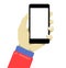 Hand holdng black smartphone, touching blank screen. Simple style modern illustration.