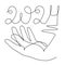 Hand holds 2024 one line art, hand drawn continuous contour. Holiday concept, festive New year handwriting text, minimalist design