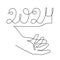 Hand holds 2024 one line art, hand drawn continuous contour. Holiday concept, festive New year handwriting text, minimalist design