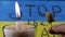 Hand Holds Dry Flower near a Burning Candle on Background of Flag of Ukraine