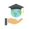 The hand holds the earth. Master\\\'s hat. Education concept